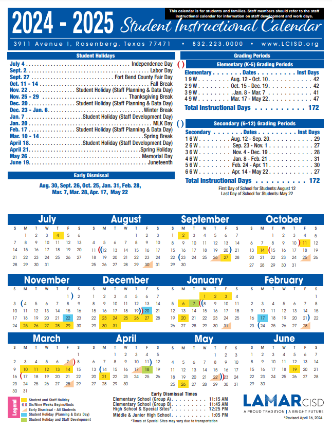 Student Instructional Calendar 2024-25