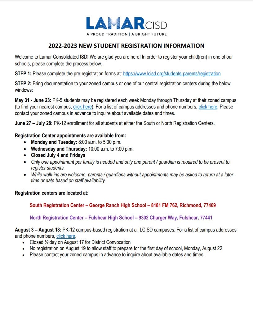 New Student Resgistration Info